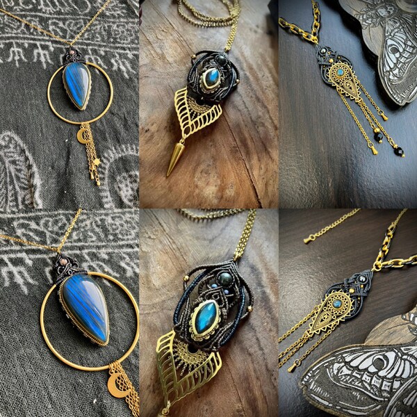 Collier avec pierre de Labradorite en micro-macramé, acier inoxydable et laiton - Style boho, tribal, ethnic, gypsy