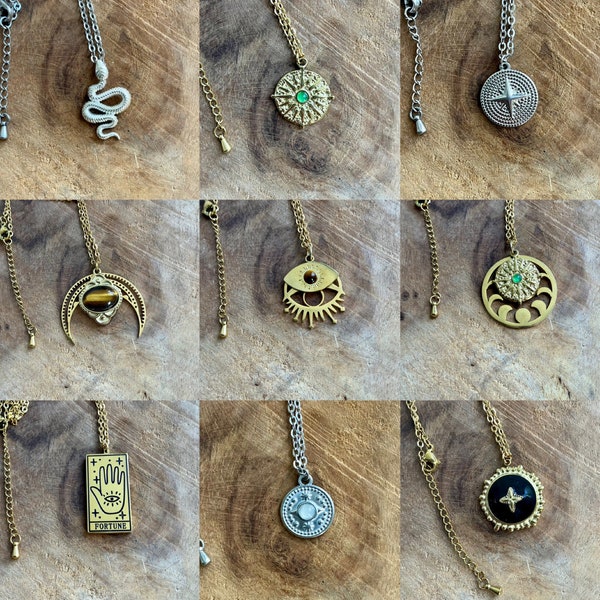 Halskette mit Mandala-Anhänger aus Edelstahl, Mondphase, Auge, Schlange mit Stein – Boho-, Stammes-, Ethno-, Zigeuner- und esoterischer Stil