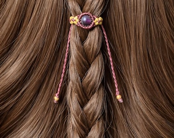 Joias de cabelo ajustáveis em macramê e latão - Anéis boho para tranças/dreads, contas de cabelo com pedras naturais