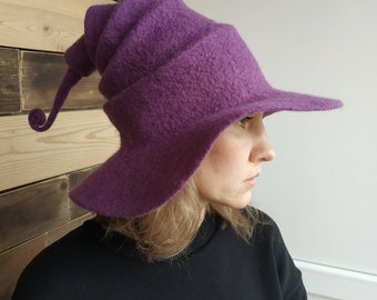 Purple felt witch hat, green wizard hat, witches, felted, red wine wool, woolen, halloween, gandalf, harry potter, bordeaux, fuchsia, pink