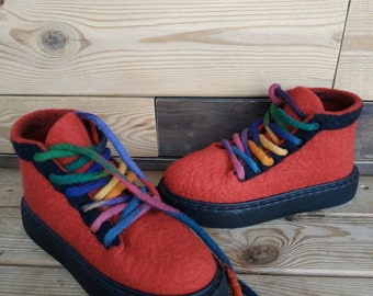 Красные войлочные кроссовки шерстяные кроссовки войлочные кроссовки шнуровка обувь красочные сапоги