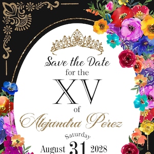 Quinceañera or Sweet 16 Save The Date Black and Gold with colorful flowers
