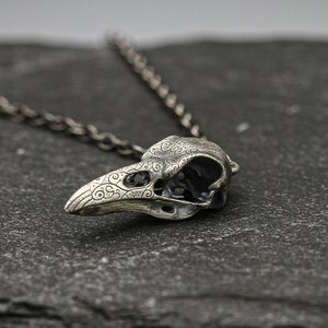 Raven skull pendant, Viking, goth silver necklace,