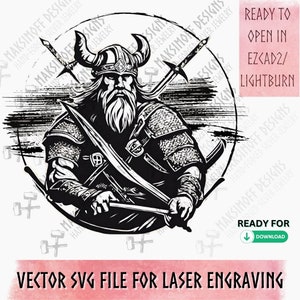 May include: Black and white illustration of a Viking warrior with a horned helmet, holding two swords crossed in front of him. The warrior is wearing chainmail armor and has a long beard. The image is set against a circular background with a grunge texture.