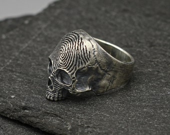 Fingerprint Skull ring, Sterling silver brutalist biker band