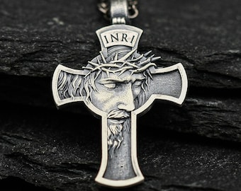 Colar INRI Jesus Crucifixo, pingente de cruz em prata esterlina