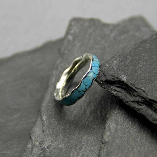 Silver turquoise inlay ring, wave stacking band.