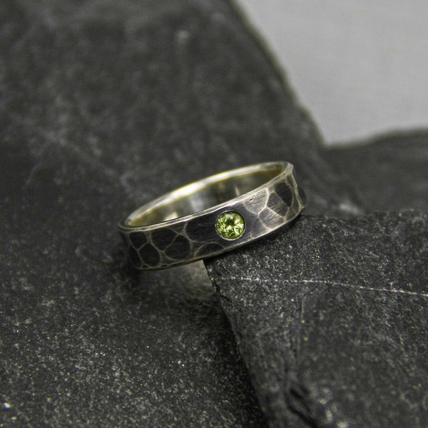 Sterling silver ring with peridot, hammered ring, unique wedding ring