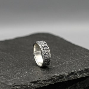 Silver ring, moon texture, Distressed band
