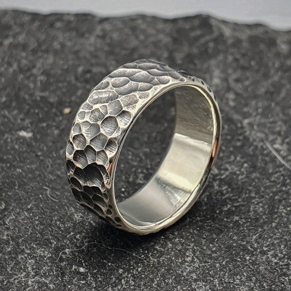 Hammered oxidized silver band, viking warrior ring