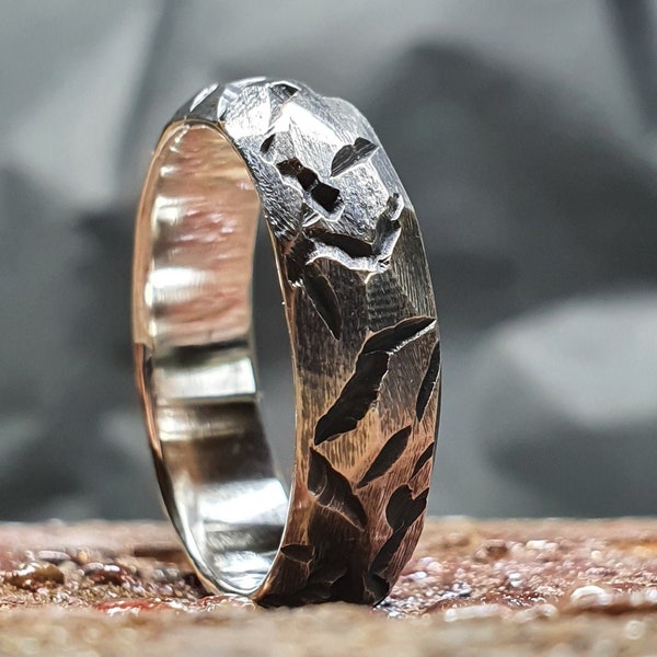 Viking ring, silver warrior band, hammered faceted textured ring