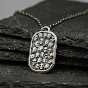 Silver skull dog tag pendant, skull necklace