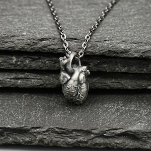 Puede incluir: Un collar con colgante plateado con un dije de corazón anatómico detallado. El colgante de corazón cuelga de una cadena fina. El collar se exhibe sobre una pila de baldosas de pizarra gris oscuro.