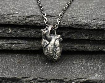 Sterling Silver Anatomical Heart Necklace – Gothic Pendant, Science Jewelry, Unique Medical Student Gift
