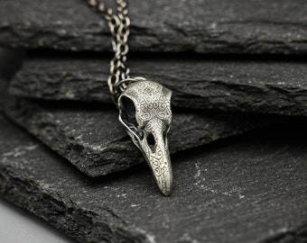 Silver raven skull pendant, Viking necklace