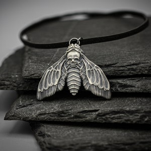 Death's-head hawkmoth pendant, silver moth necklace