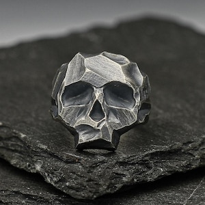 Brutalist Skull ring, Sterling silver scratched band