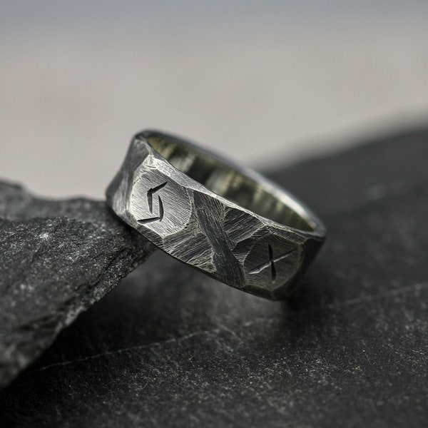 Viking rune ring, Sterling silver band, personalised Norse jewellery.