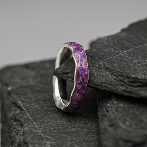 Silver Amethyst  inlay ring, wave stacking band, unique wedding band
