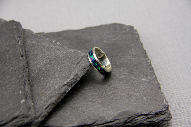 silver ring Opal inlay ring blue crushed opal wedding ring
