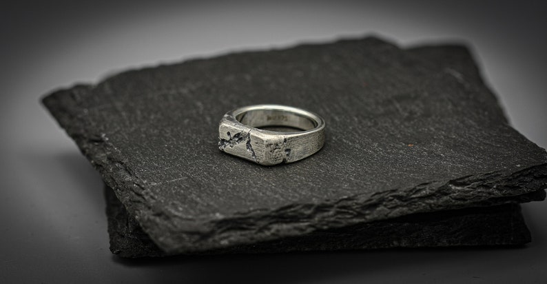 Rough fracture brutalist style band, silver signet ring image 2