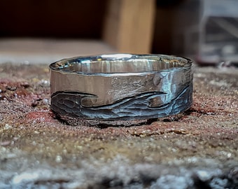 Sterling silver wave ring, carved band, unique wedding ring