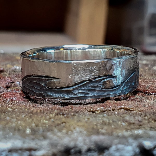 Sterling silver wave ring, carved band, unique wedding ring