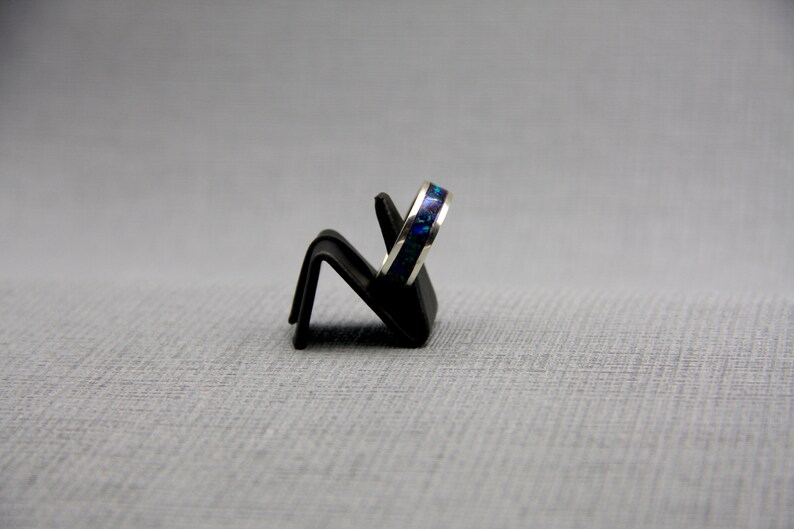 silver ring Opal inlay ring blue crushed opal wedding ring