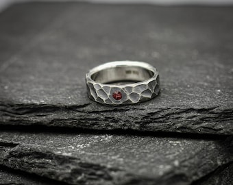 Garnet ring, sterling silver band, unique wedding ring