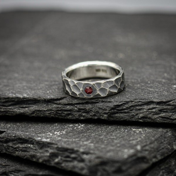 Garnet ring, sterling silver band, unique wedding ring