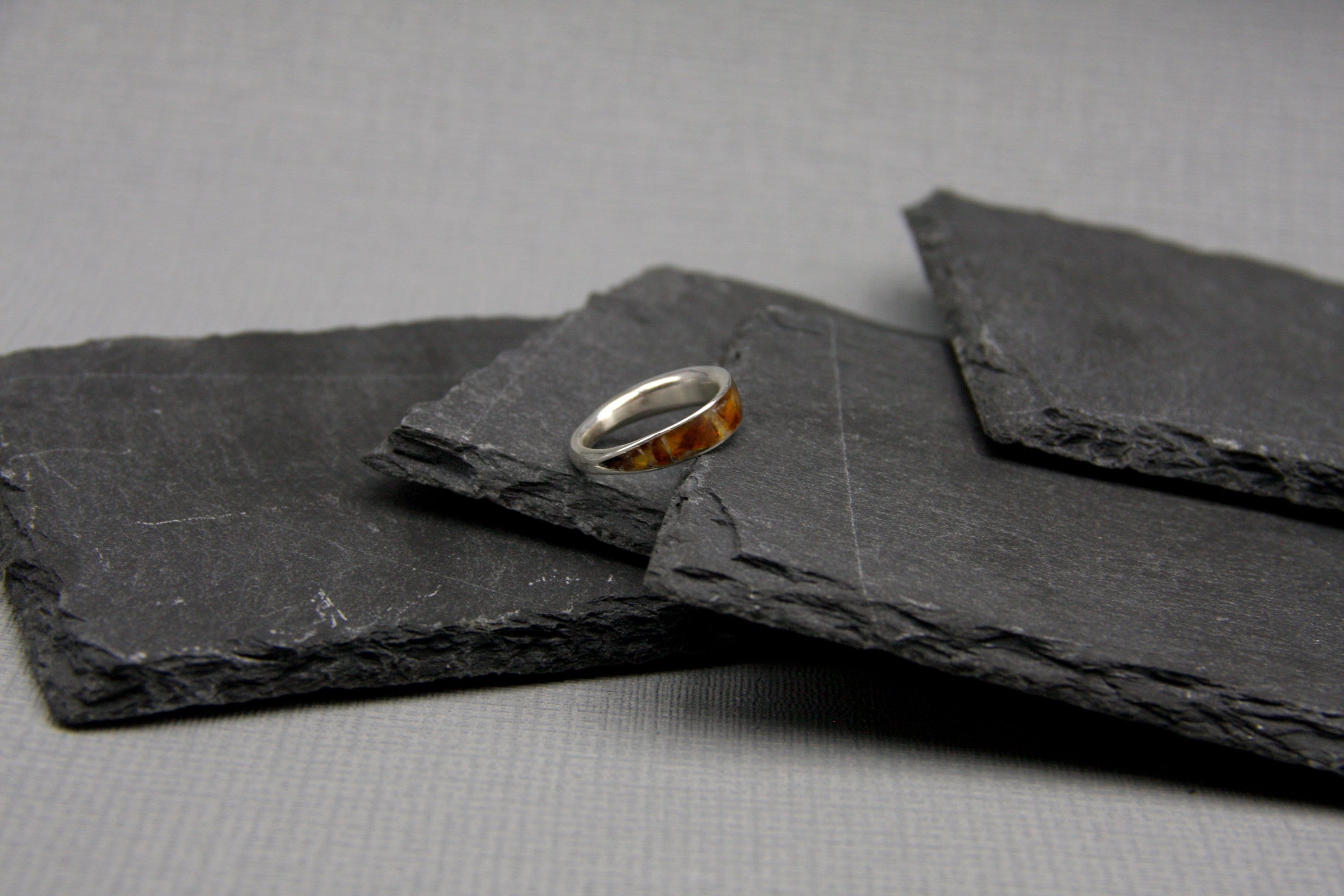 Sterling Silver Baltic Amber Ring: Inlay Band