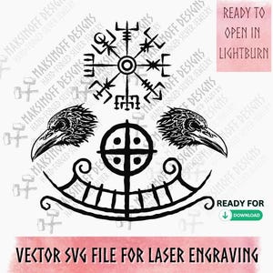 May include: Black and white vector SVG file for laser engraving, featuring Viking symbols. Includes a Vegvisir compass, raven heads, a ship, and other Norse designs. Text reads "Ready to Open in Lightburn" and "Vector SVG File for Laser Engraving."