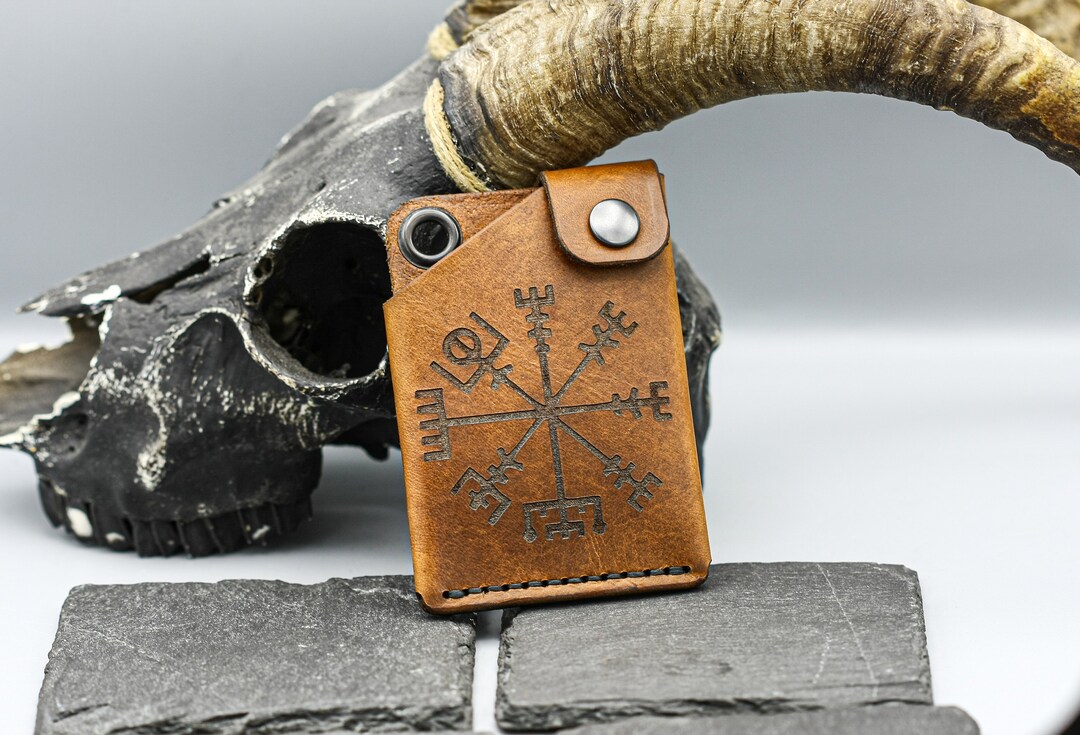 Brown Leather Wallet With Viking Compass Vegvisir Symbol. - Etsy