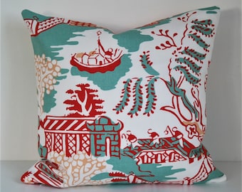 Double sided 18'' DAINTREE  pillow cover, made from THIBAUT linen mix fabric. For pillow size 45x45 cm (18''x18''). Greenwood Collection.