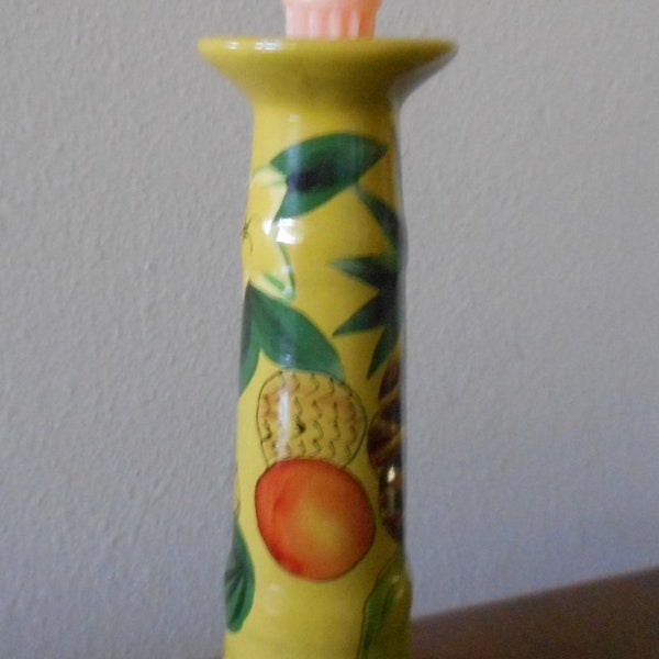 Gold Ceramic  10" Tall Tropical Island Fruit Candlestick; Candleholder with Tropical Fruit Botanical Design.