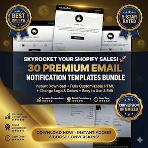 Modelos de Notificação por E-mail para Shopify - Designs Personalizáveis e Profissionais para sua Loja, Pacote de E-mails, HTML para Copiar e Colar