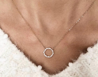 Halo Diamond Circle Pendant Necklace, Dainty 925 Sterling Silver Diamond Ring Necklace, Bridal Jewelry, Timeless Everyday Jewelry