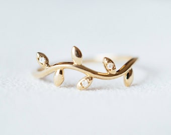 14K 18K Solid Gold Diamond Leaf Twig Ring - Nature Inspired Wedding Band Platinum Engagement