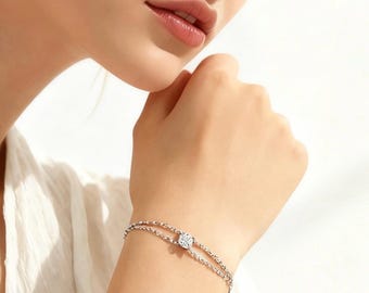 Single Diamond Double Chain Bracelet: 1ct Solitaire Moissanite S925 Sterling Silver Wedding Bridal Bracelet
