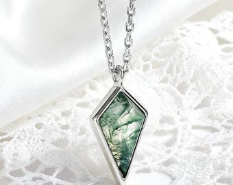 Sterling Silver Moss Agate Pendant Necklace, Nature Inspired Unique Natural Gemstone Necklace Wedding Jewelry