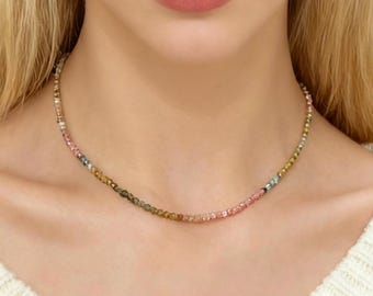 Natural Rainbow Tourmaline Beaded Necklace: Natural Gemstone Colorful Beads Boho Necklace Healing Crystal Gold Wedding Jewelry