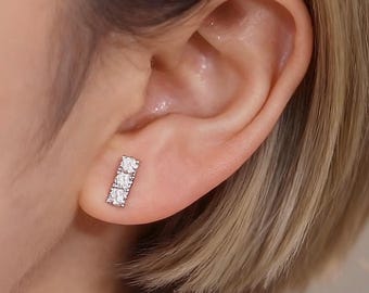 Trio Moissanite Bar Stud Earrings: S925 Sterling Silver Minimalist Diamond Studs Dainty Bridal Wedding Fine Jewelry Gift Everyday Elegance