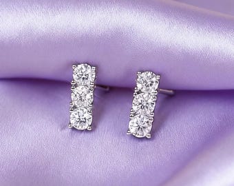 Moissanite Trio Diamond Bar Stud Earrings: Sterling Silver Dainty Wedding Ear Studs Fine Jewelry Gift for Her Everyday Elegance