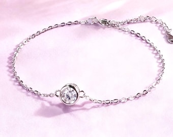 Solitaire Moissanite Bracelet, Single Diamond 925 Sterling Silver Bracelet 0.5ct Dainty Bridal Fine Jewelry