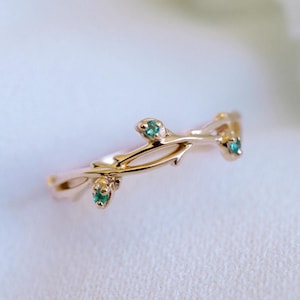 14K 18K Solid Gold Emerald Twig Ring: Nature Inspired RoseGold Wedding Ring Platinum Green