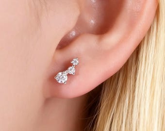 Sterling Silver Moissanite Trio Diamond Ear Studs: Dainty Gold Diamonds Wedding Stud Earrings