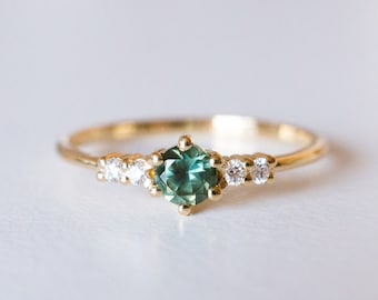 18K Solid Gold Natural Green Sapphire Engagement Ring: Diamond Accent, 14K Rosegold Wedding