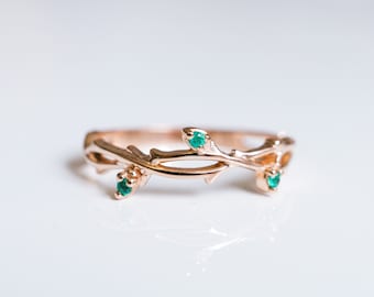 14K 18K Solid Gold Emerald Twig Ring 18K Rose Gold Twig Wedding Ring 14K white gold platinum emerald ring leaf flower twig engagement ring