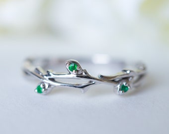 Emerald Twig Ring: 14K 18K Solid Gold, Nature Inspired Leaf Wedding Band, Rose White