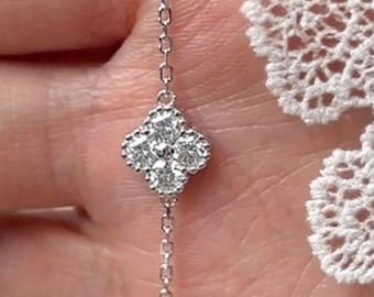 1.2ct Moissanite Diamond Flower Charm Bracelet: 18K Gold Sterling Silver Lucky Clover Luxury Floral